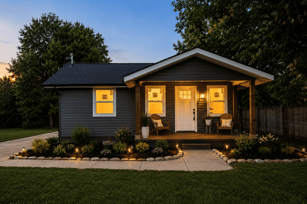 Exterior remodel by Revival Properties featuring dark gray siding, white trim, covered front porch, landscape lighting, and stone bordered flower beds