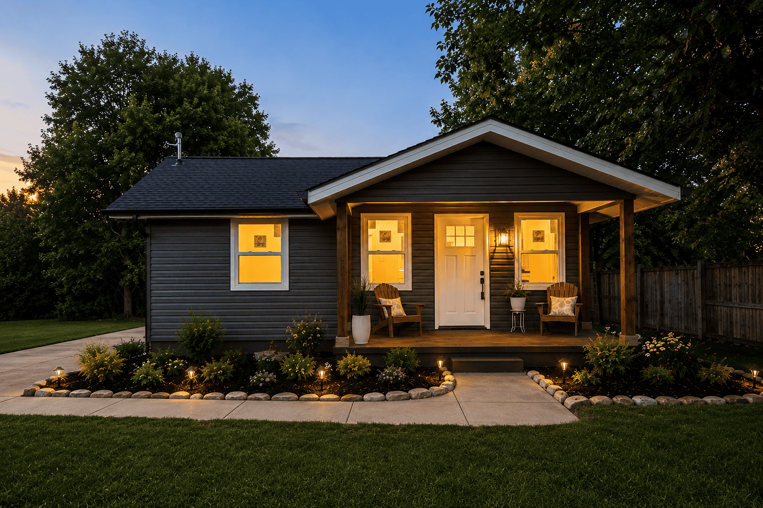 Exterior remodel by Revival Properties featuring dark gray siding, white trim, covered front porch, landscape lighting, and stone bordered flower beds