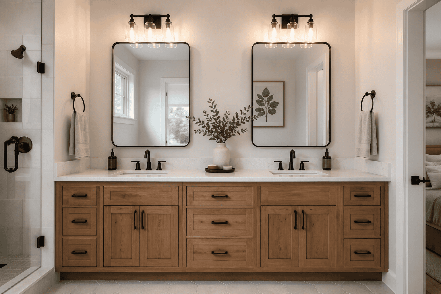 Double vanity bathroom remodel with warm wood cabinets, white countertop, dual black-framed mirrors, and matte black fixtures.