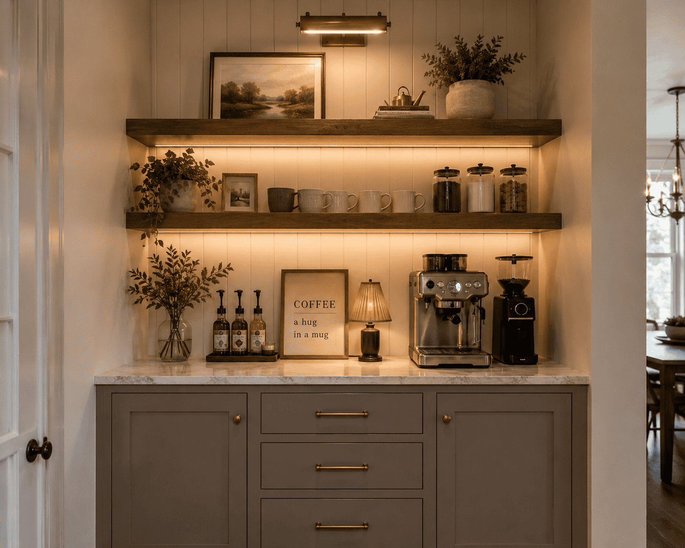 Custom kitchen coffee bar nook with gray shaker cabinetry, gold pulls, marble countertop, floating shelves with underlighting, and shiplap backsplash in Knoxville TN