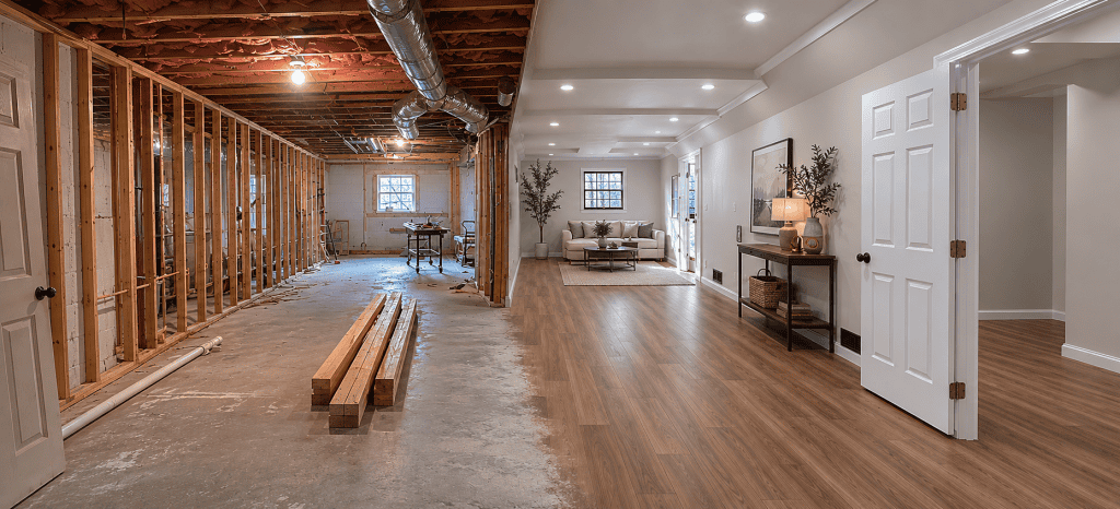 Before and after basement interior remodeling image showing unfinished framing and exposed construction transitioning into a finished modern basement living space with wood flooring, recessed lighting, and staged decor in Knoxville TN