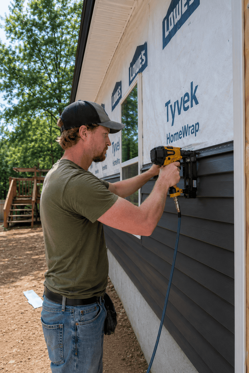 Contractor installing dark gray horizontal vinyl siding on a residential exterior using a pneumatic nail gun, with Tyvek house wrap, white trim, realistic construction details, and natural outdoor lighting during a home renovation project.