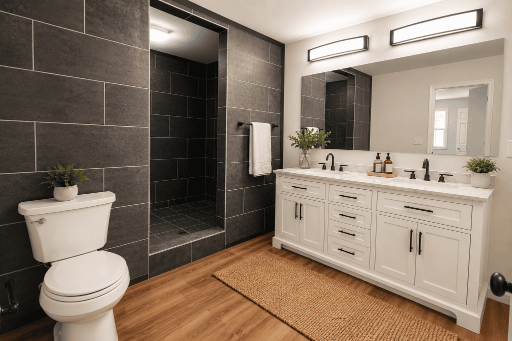 Horizontal view of a modern bathroom remodel featuring a black tiled walk in shower, white double vanity with black fixtures, marble style countertop, warm wood look flooring, contemporary lighting, and luxury staged decor in Knoxville Tennessee.