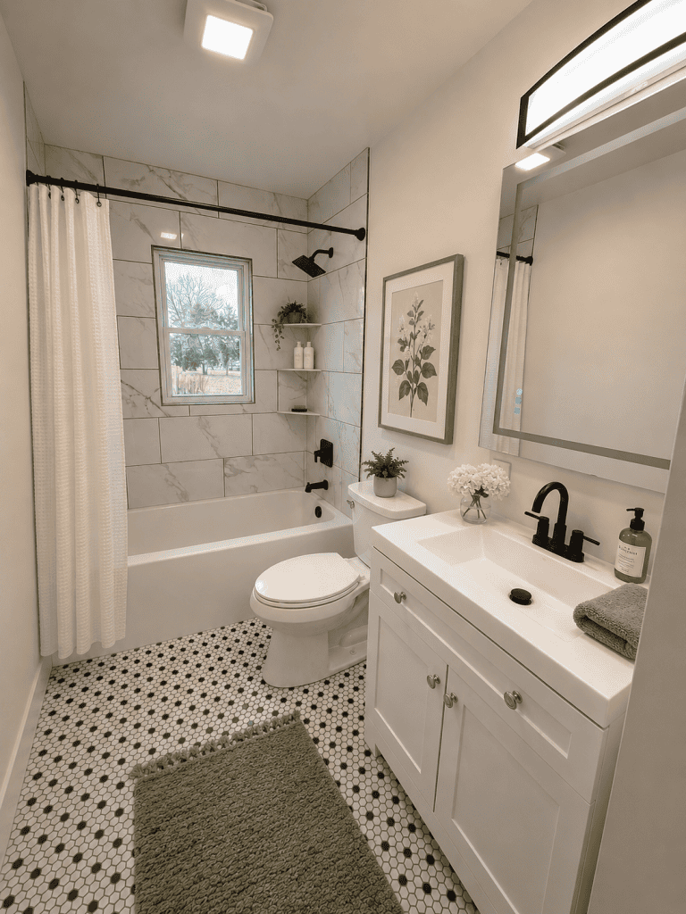 Bright modern bathroom remodel featuring marble-look shower tile, black shower and sink fixtures, white shaker vanity, hexagon mosaic floor tile, framed botanical wall art, soft green accents, decorative shower curtain, and professionally staged finishes with natural lighting.