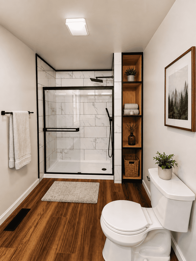 ALT Text: Modern bathroom remodel featuring a black framed glass walk in shower, marble look wall tile, warm wood flooring, custom open wood shelving, matte black fixtures, and minimalist staged decor with realistic plants and soft natural lighting.