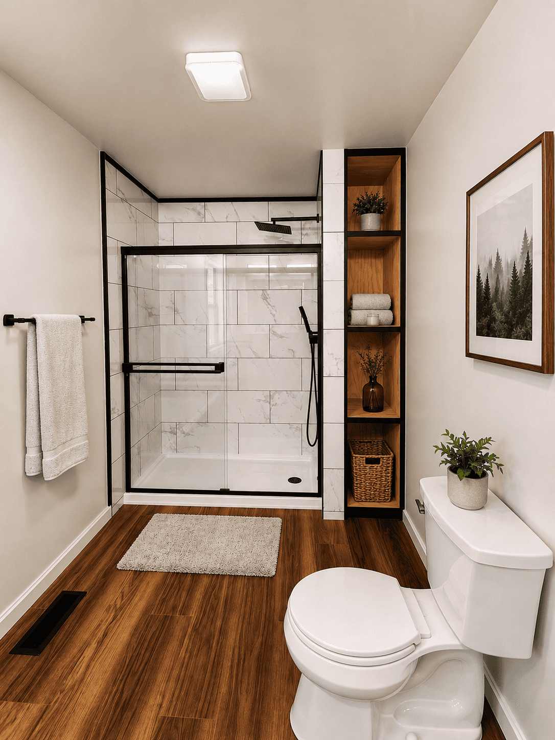 ALT Text: Modern bathroom remodel featuring a black framed glass walk in shower, marble look wall tile, warm wood flooring, custom open wood shelving, matte black fixtures, and minimalist staged decor with realistic plants and soft natural lighting.