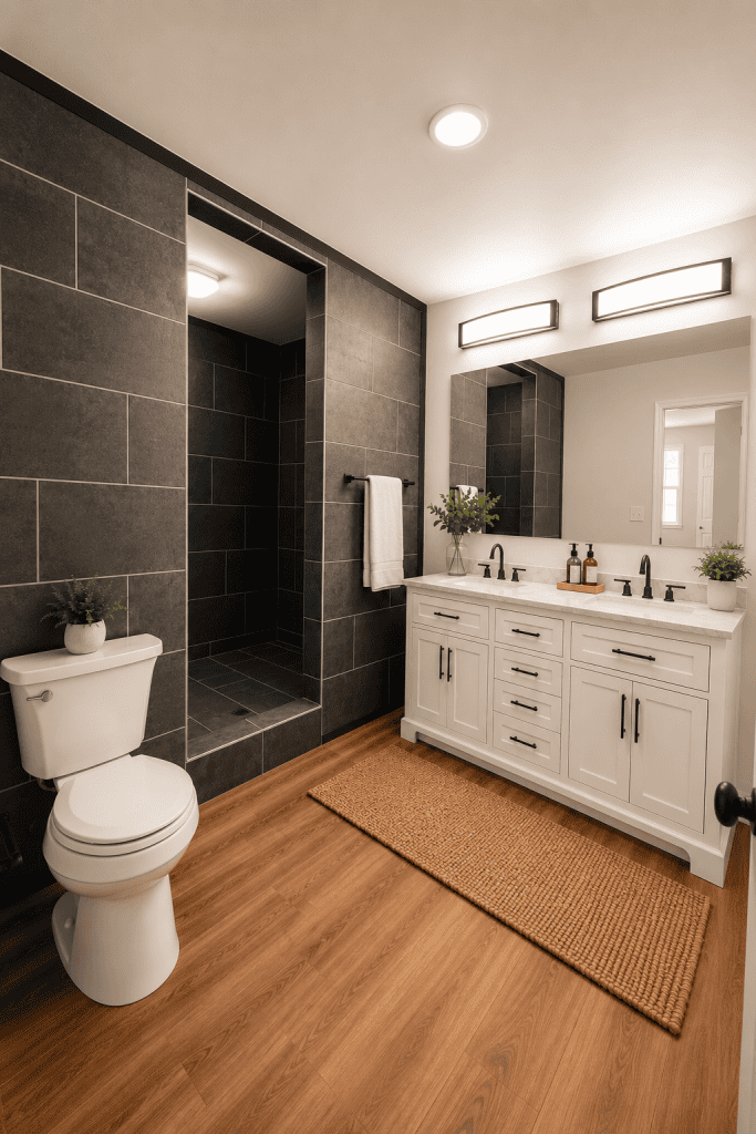 Vertical photo of a modern bathroom remodel featuring a black tile walk in shower, white double vanity with matte black fixtures, wood look flooring, warm lighting, framed mirror, and professionally staged contemporary decor.