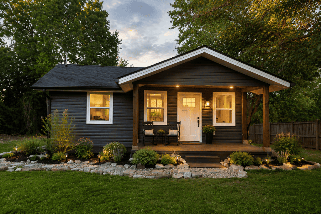 Modern dark gray cottage exterior remodel with white trim, covered front porch, warm interior lighting, native East Tennessee landscaping, decorative stone border, rocking chairs, potted plants, and realistic evening sky photographed for a luxury contractor portfolio.