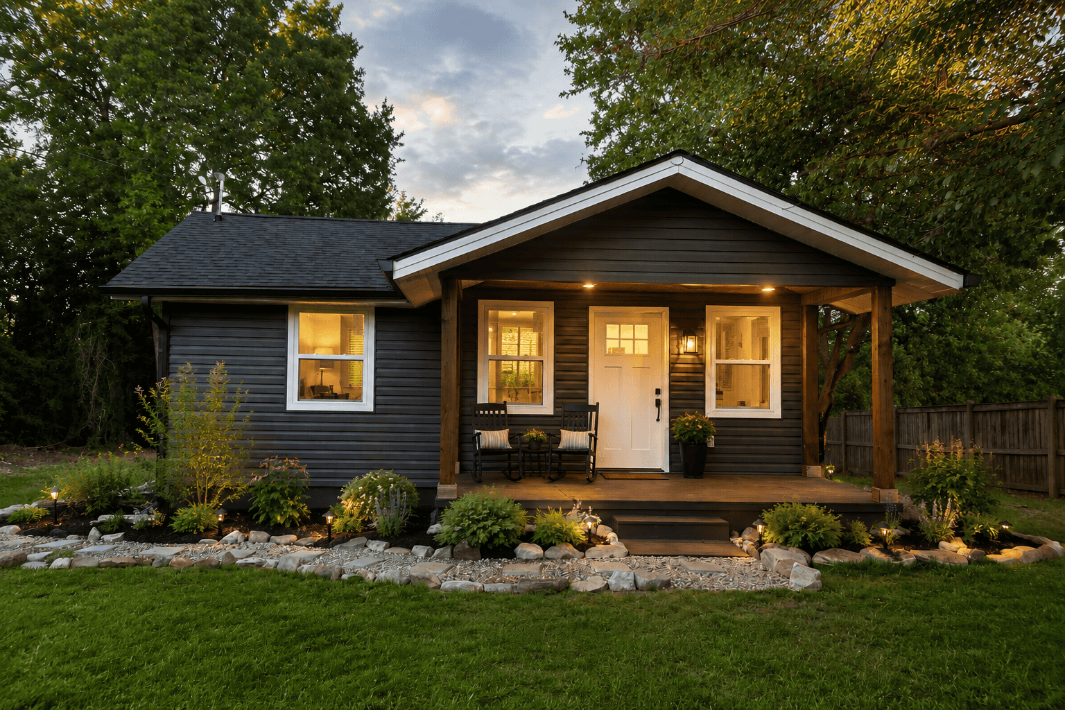 Modern dark gray cottage exterior remodel with white trim, covered front porch, warm interior lighting, native East Tennessee landscaping, decorative stone border, rocking chairs, potted plants, and realistic evening sky photographed for a luxury contractor portfolio.