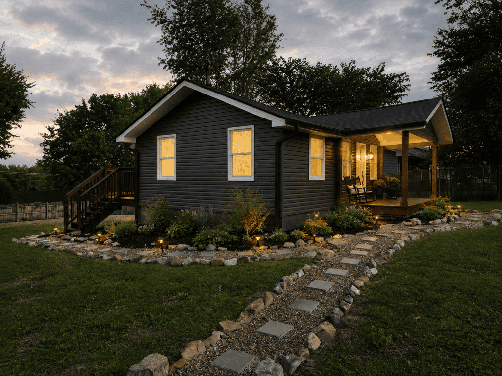 Dark home exterior remodeling project in Knoxville TN featuring new siding, covered porch, landscape lighting, stone walkways, and updated outdoor living spaces at dusk.