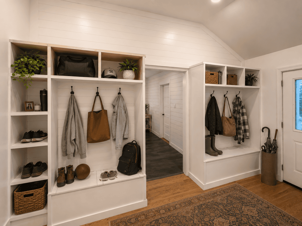 Modern farmhouse mudroom with custom white built-in cubbies, shiplap walls, wood flooring, bench seating, hanging storage, woven baskets, coats, boots, umbrellas, and functional family organization features in a warm residential interior.