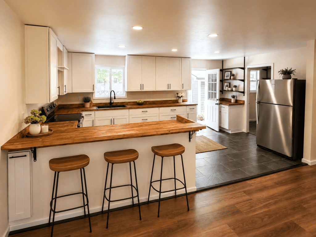 Modern open-concept kitchen remodeling with white shaker cabinets, butcher block countertops, black hardware, stainless steel appliances, dark tile flooring, floating shelves, recessed lighting, and staged wood bar stools along a breakfast bar.