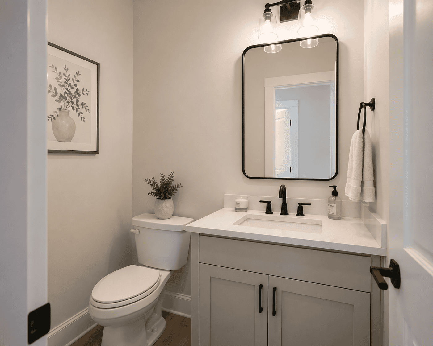 Remodeled powder room with gray vanity, white countertop, black-framed mirror, matte black fixtures, and neutral wall art.