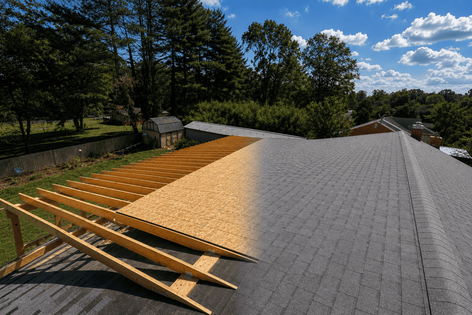 Horizontal before-and-after roof remodel comparison showing exposed framing and roof sheathing blending into a completed gray asphalt shingle roof extension that runs continuously to the main ridge line, photographed from an elevated perspective with surrounding trees and backyard visible under a bright blue sky.