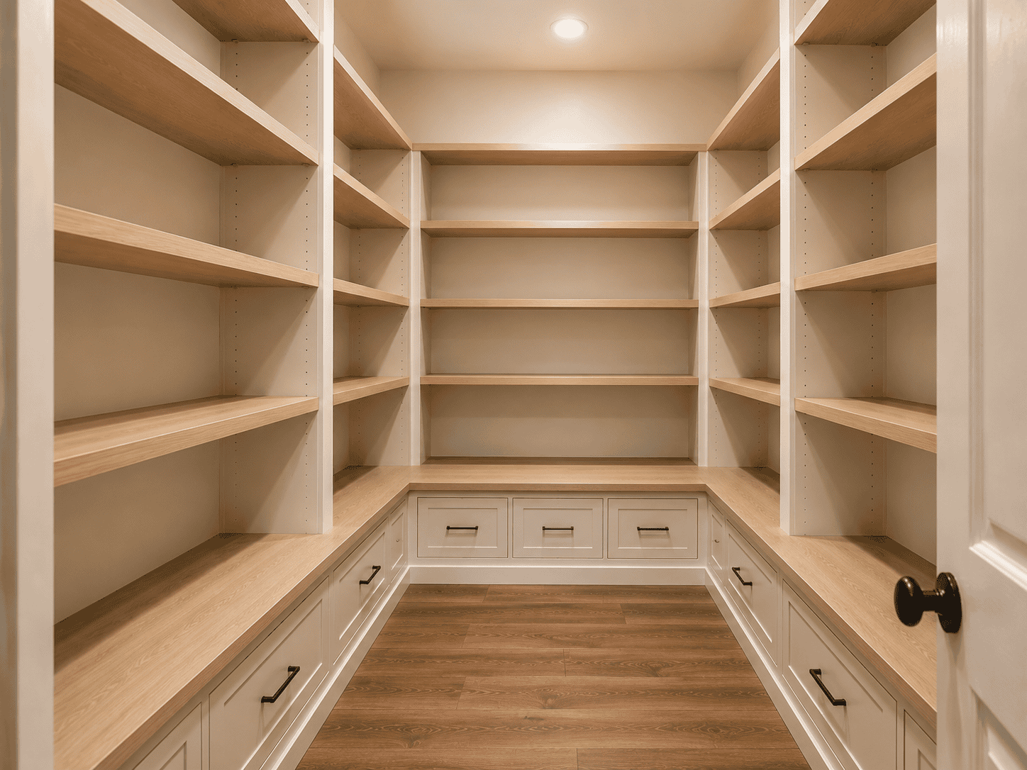 Custom built-in pantry with white cabinetry, adjustable wood shelves, lower drawer storage, black hardware, and hardwood floors in Knoxville TN