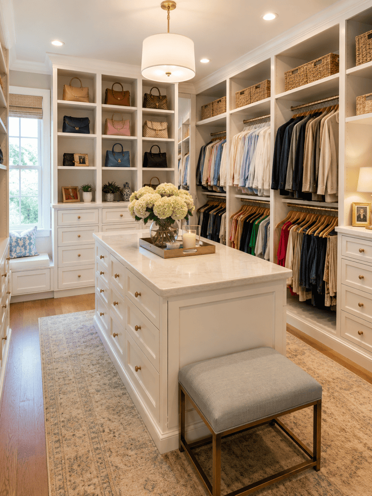 Custom walk-in closet with white built-in cabinetry, gold hardware, marble top center island, open shelving, and dual hanging rods in Knoxville TN