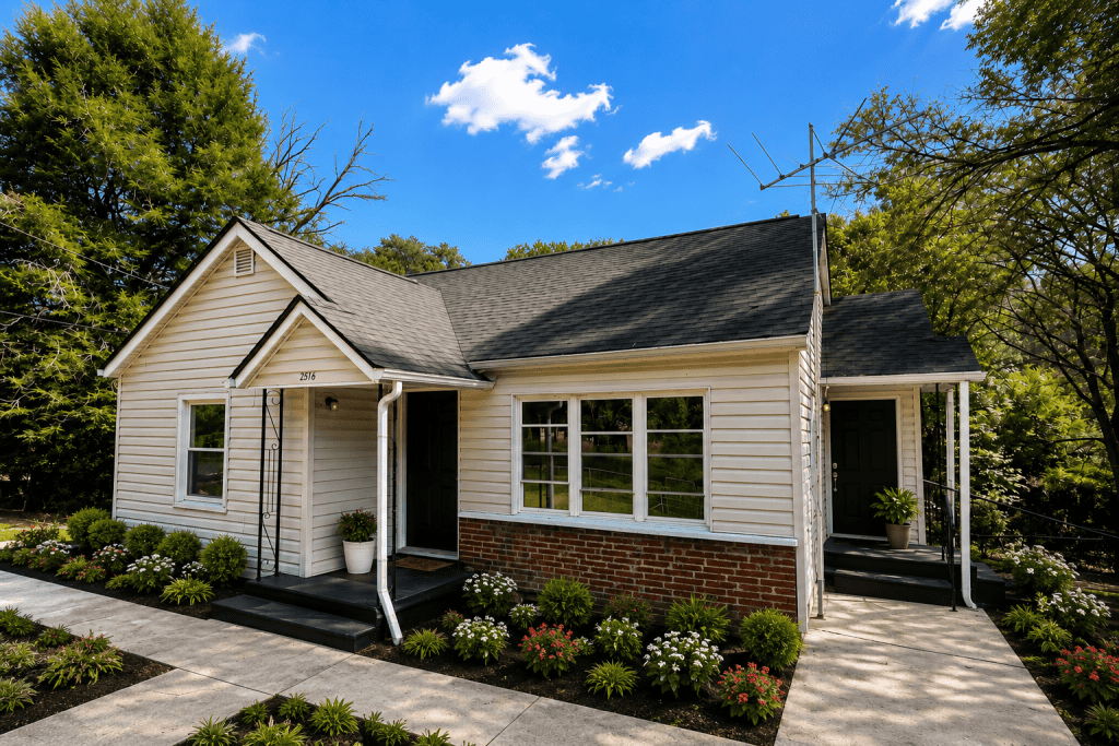 Remodeled Knoxville home exterior with dark asphalt shingle roof, light vinyl siding, painted brick foundation, preserved concrete sidewalks, and professionally landscaped flower beds along the walkway under bright natural daylight.