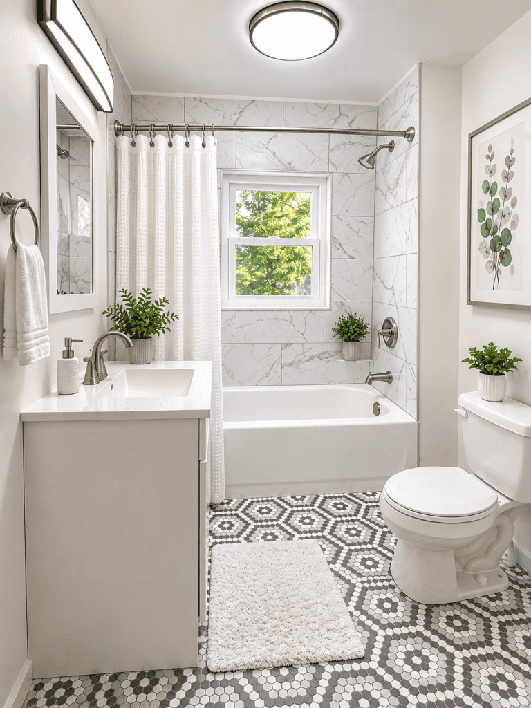 Professionally staged modern bathroom remodel featuring marble look shower tile, patterned hexagon floor tile, white vanity, brushed nickel fixtures, soft natural lighting, decorative greenery, framed botanical artwork, and a textured shower curtain in a compact contemporary layout.